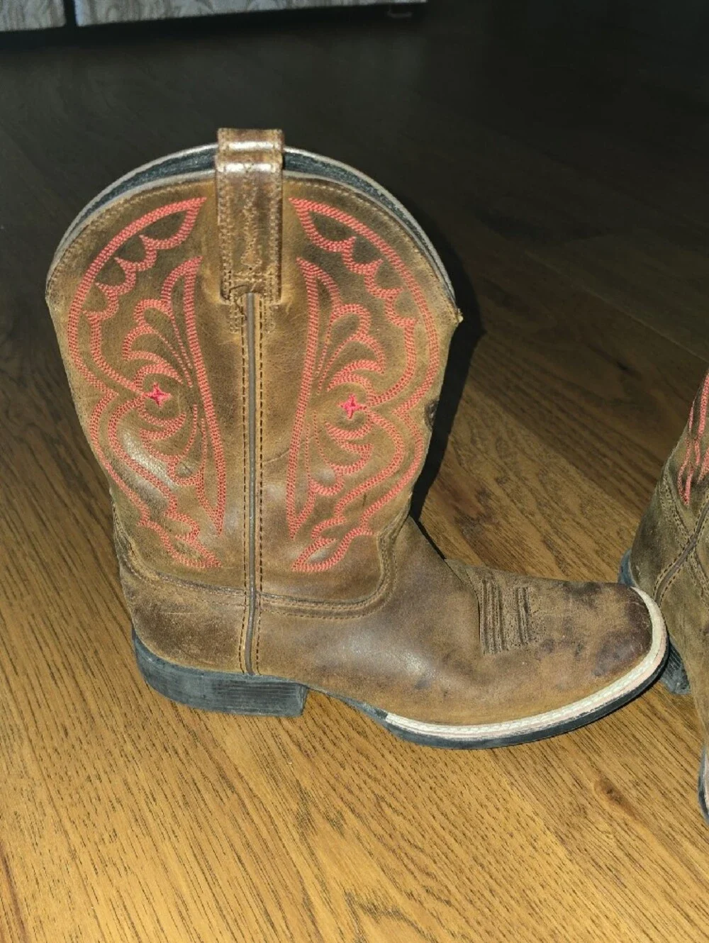 Ariat Kids Quick Draw Brown Cowboy Boots with Red Stitching Size 4